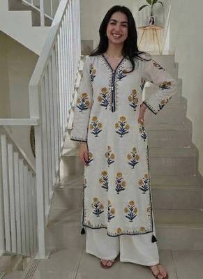  off-white and yellow floral block printed pure cotton a-line kurta palazzo set 1