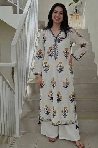  off-white and yellow floral block printed pure cotton a-line kurta palazzo set