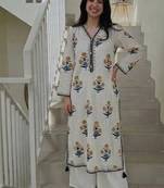 off-white and yellow floral block printed pure cotton a-line kurta palazzo set