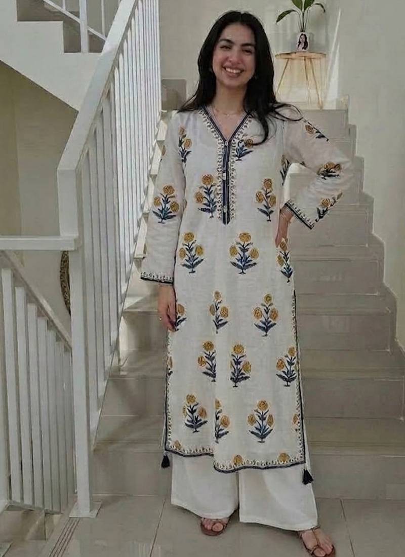  off-white and yellow floral block printed pure cotton a-line kurta palazzo set