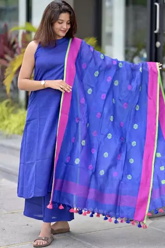  royal blue sleeveless linen suit set with contrast pink border dupatta