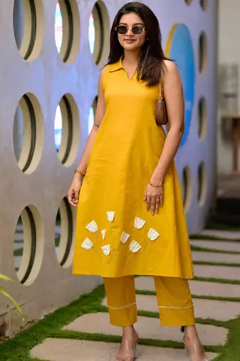  mustard yellow solid plain khadi linen collared sleeveless a-line kurta set