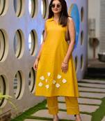  mustard yellow solid plain khadi linen collared sleeveless a-line kurta set