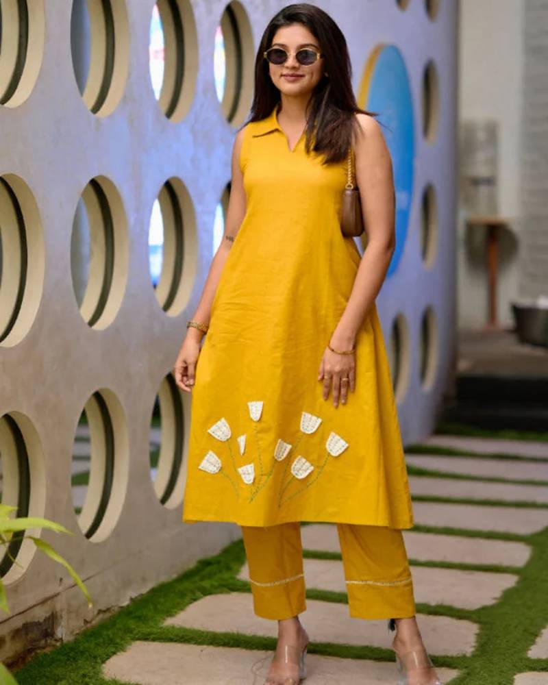  mustard yellow solid plain khadi linen collared sleeveless a-line kurta set