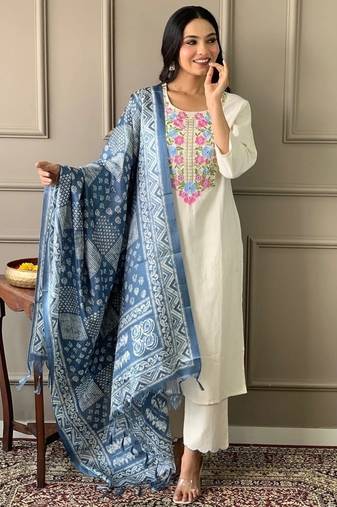  off-white multi-color embroidered kurti set with scallop pants