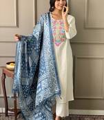 off-white multi-color embroidered kurti set with scallop pants