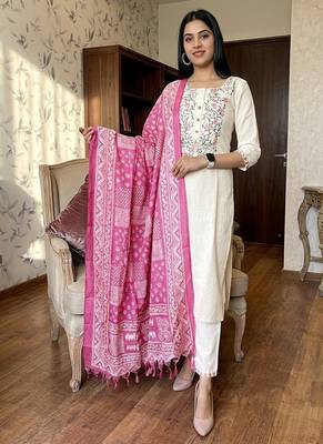  off-white floral embroidered cotton kurta set with pink bandhani dupatta 1