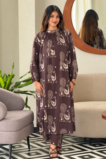  dark green beige motif print pure cotton gathered a-line co-ord kurta set