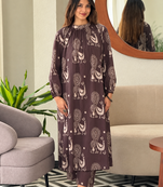  dark green beige motif print pure cotton gathered a-line co-ord kurta set