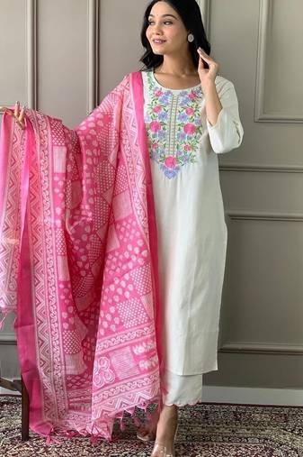  off-white multi-color embroidered kurti set with scallop pants