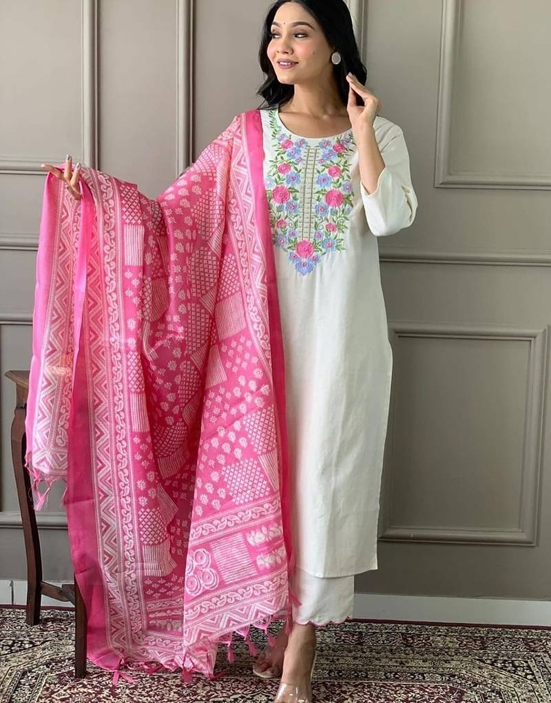  off-white multi-color embroidered kurti set with scallop pants