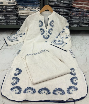  off-white and indigo blue applique work pure cotton straight co-ord tunics set 5