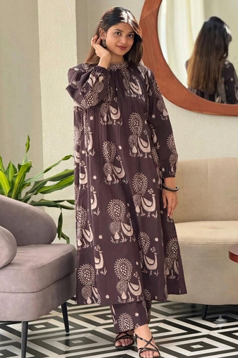  dark chocolate beige motif print pure cotton gathered a-line co-ord kurta set