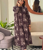  dark chocolate beige motif print pure cotton gathered a-line co-ord kurta set