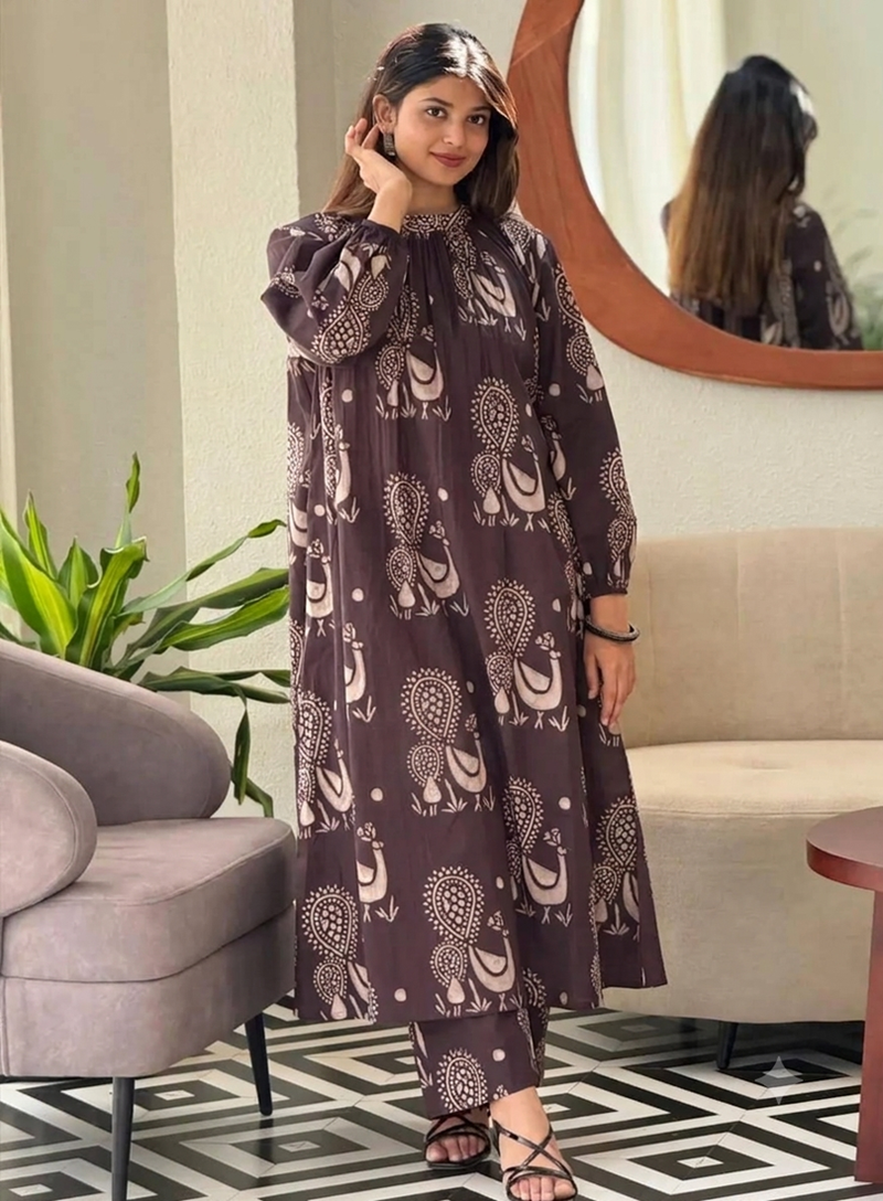  dark chocolate beige motif print pure cotton gathered a-line co-ord kurta set