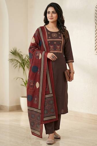  coffee brown yoke work cotton straight suit set