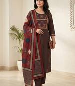  coffee brown yoke work cotton straight suit set