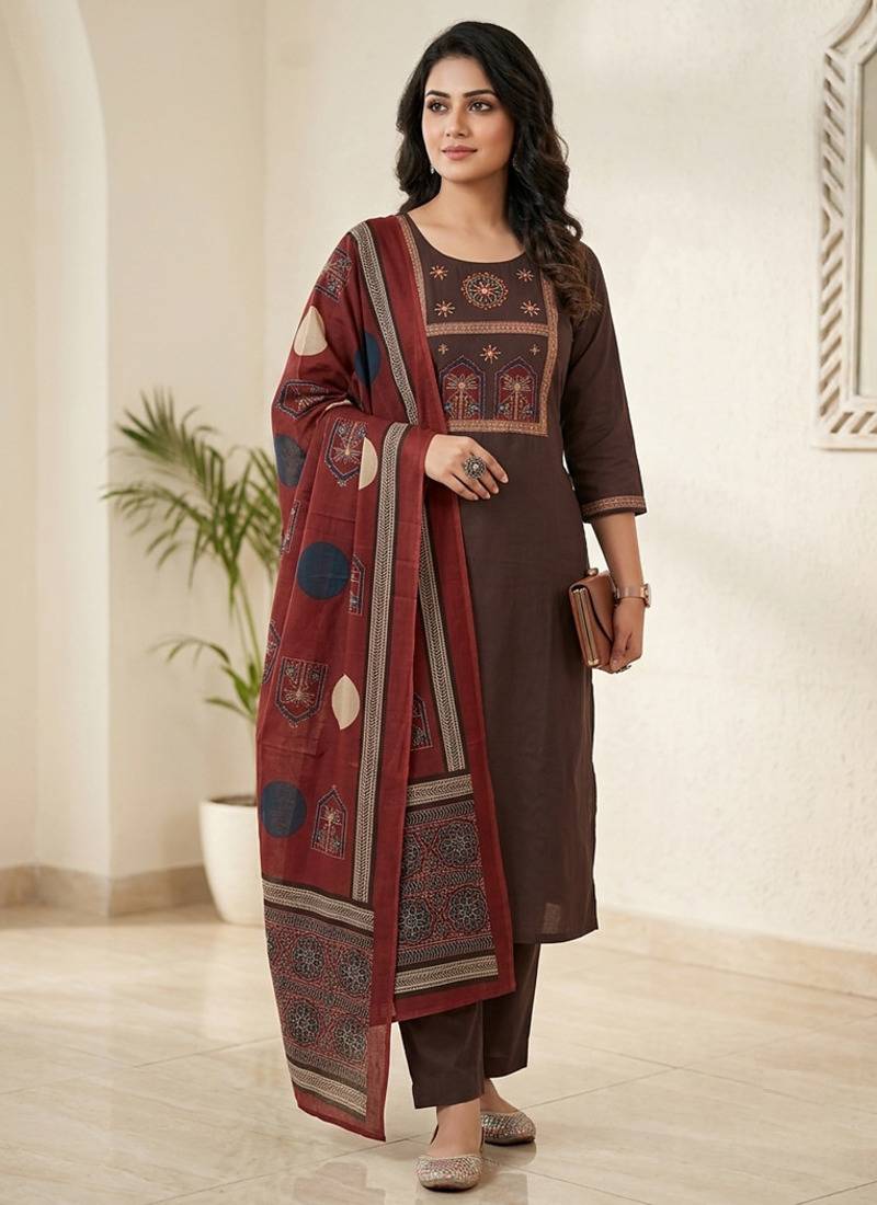  coffee brown yoke work cotton straight suit set