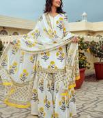  white and yellow floral printed cotton sharara suit set