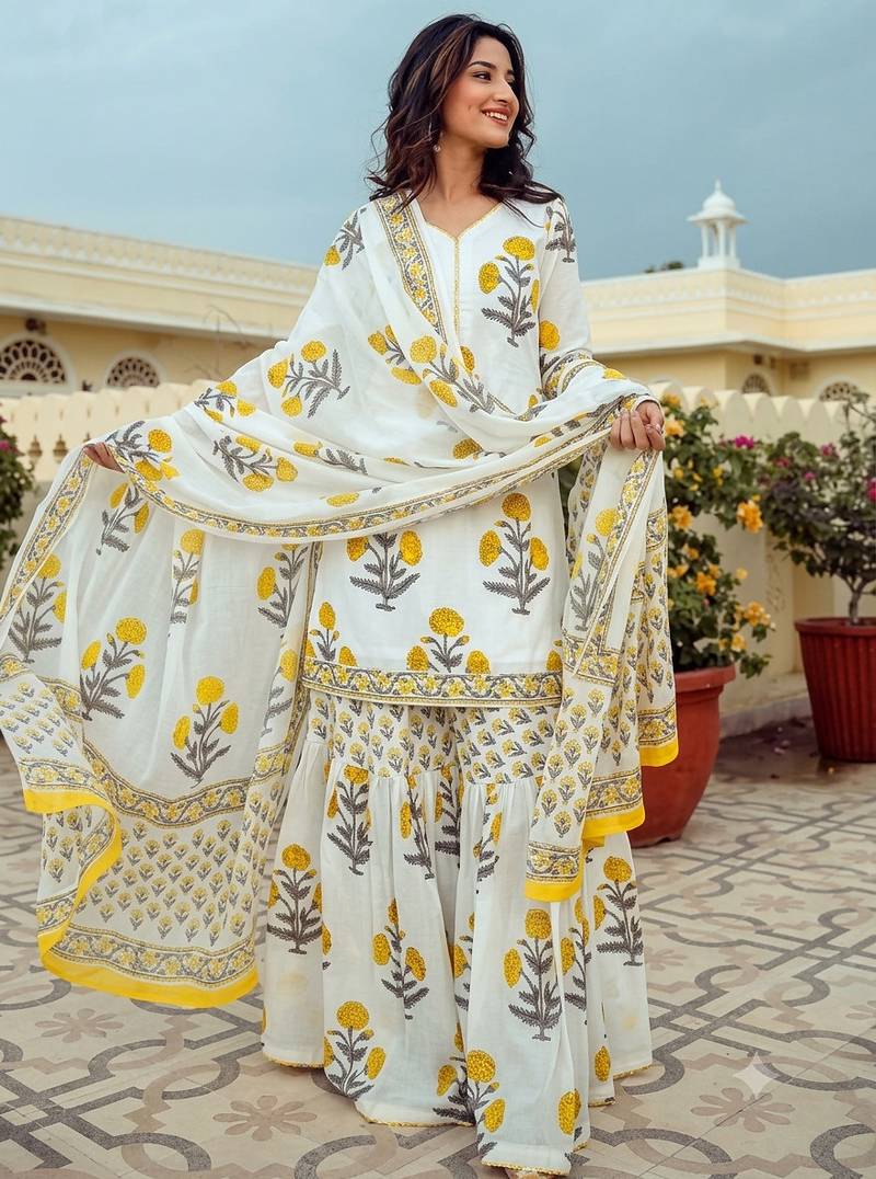  white and yellow floral printed cotton sharara suit set