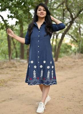  navy blue floral embroidered denim a-line middi 1