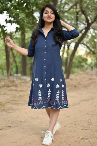  navy blue floral embroidered denim a-line middi