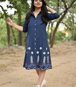  navy blue floral embroidered denim a-line middi