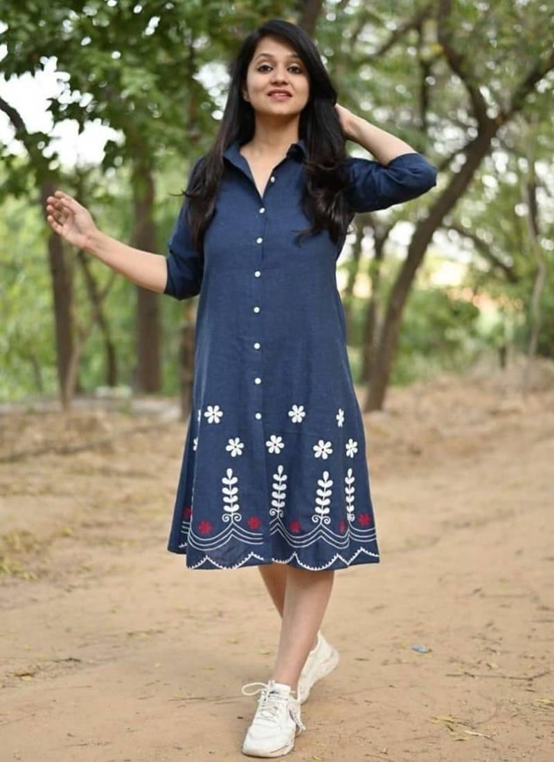  navy blue floral embroidered denim a-line middi