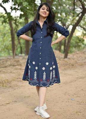  navy blue floral embroidered denim a-line middi 4