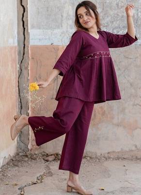  wine purple embellished cotton peplum co-ord set 1