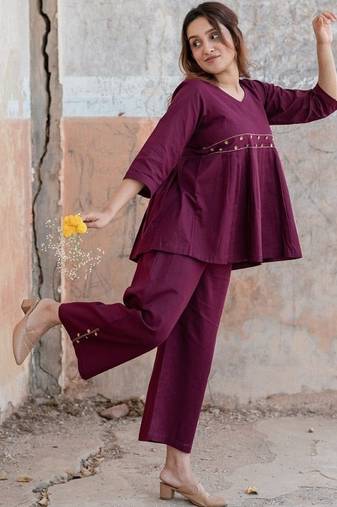  wine purple embellished cotton peplum co-ord set