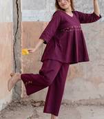  wine purple embellished cotton peplum co-ord set