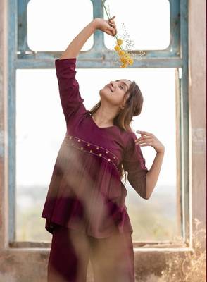  wine purple embellished cotton peplum co-ord set 3