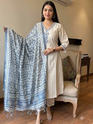  off-white embroidered cotton flex straight kurta pant set 1