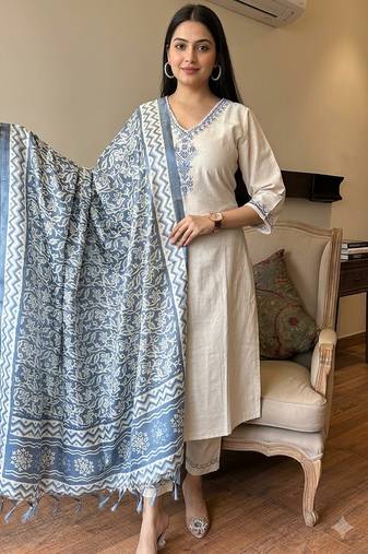  off-white embroidered cotton flex straight kurta pant set