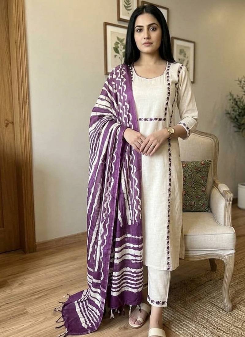  cream cotton straight tunic set with contrast dupatta