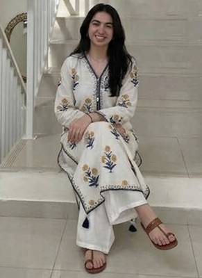  off-white and yellow floral block printed pure cotton a-line kurta palazzo set 2