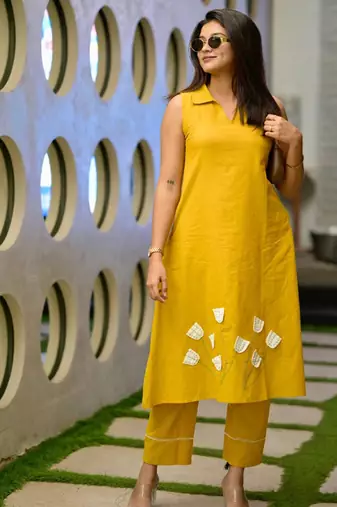  mustard yellow solid plain khadi linen collared sleeveless a-line kurta set