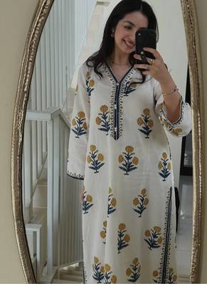  off-white and yellow floral block printed pure cotton a-line kurta palazzo set 3