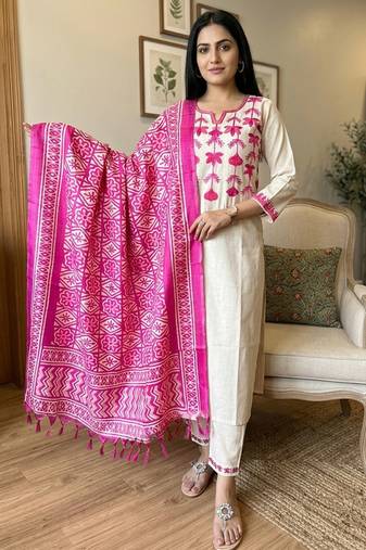  ivory pink floral embroidered cotton kurti and pant set