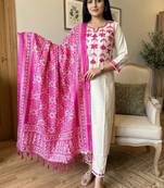  ivory pink floral embroidered cotton kurti and pant set