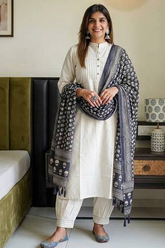  ivory textured cotton kurta and afghan pant set