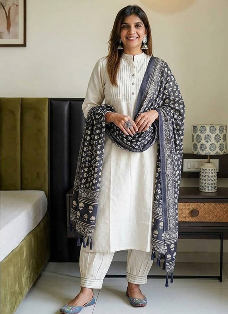  ivory textured cotton kurta and afghan pant set