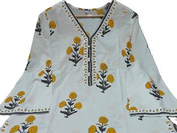  off-white and yellow floral block printed pure cotton a-line kurta palazzo set 5