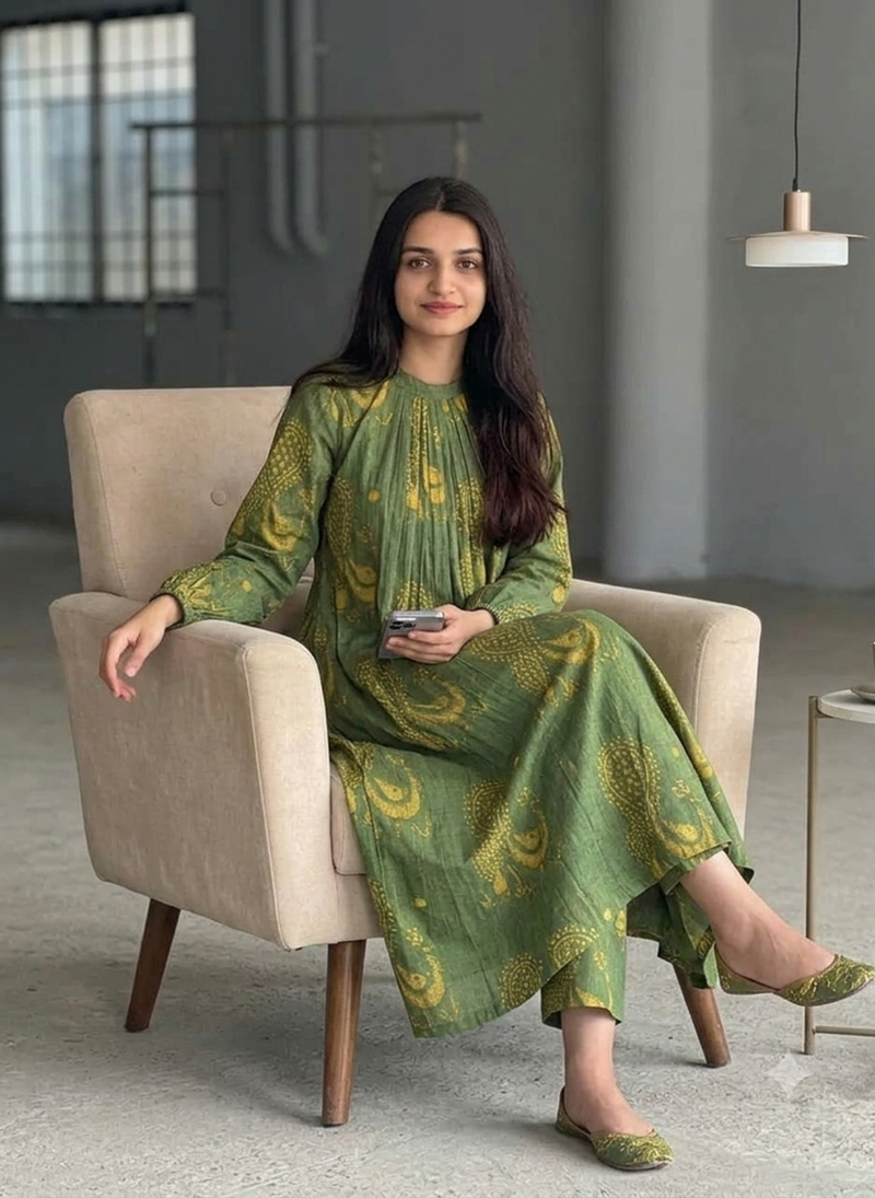  dark green beige motif print pure cotton gathered a-line co-ord kurta set
