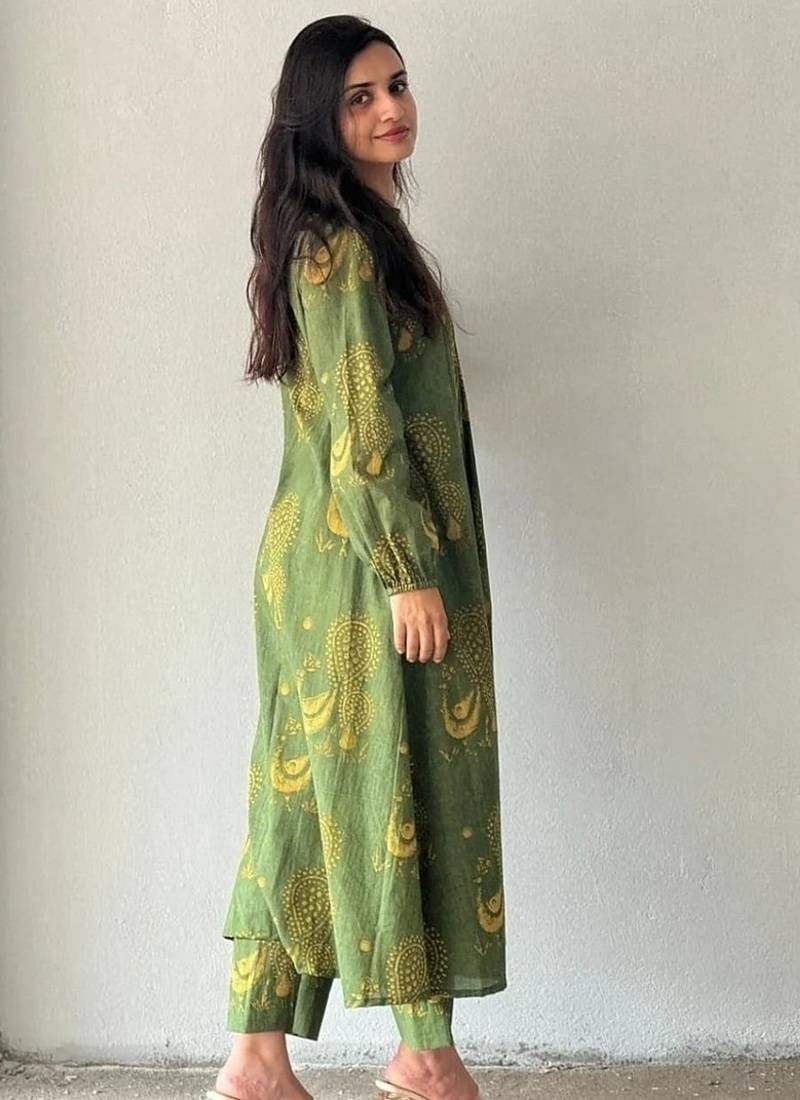  dark green beige motif print pure cotton gathered a-line co-ord kurta set