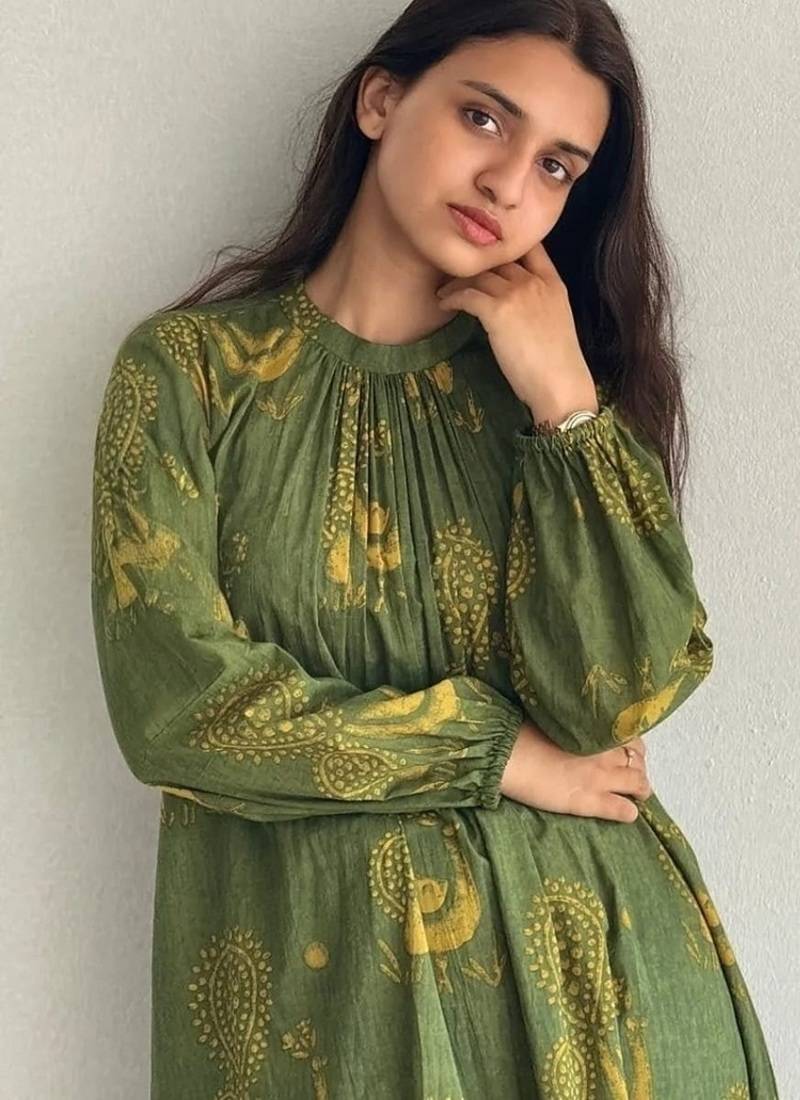  dark green beige motif print pure cotton gathered a-line co-ord kurta set