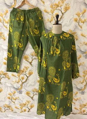  dark green beige motif print pure cotton gathered a-line co-ord kurta set 5