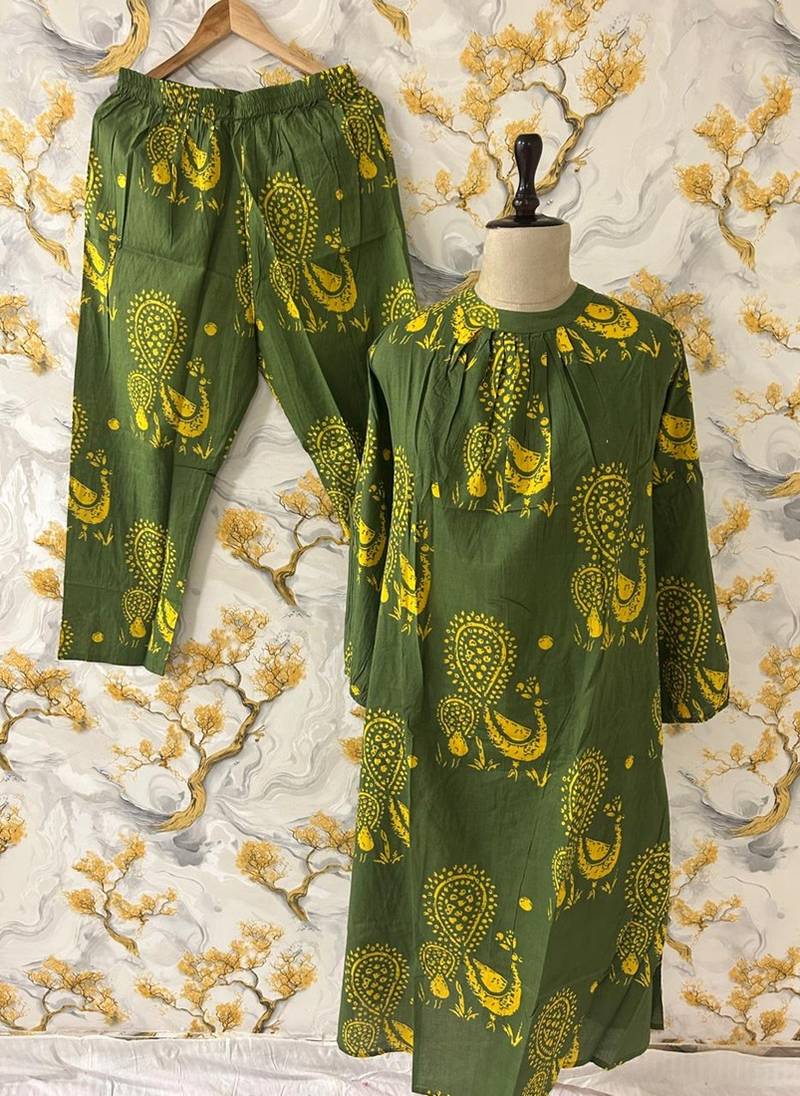  dark green beige motif print pure cotton gathered a-line co-ord kurta set