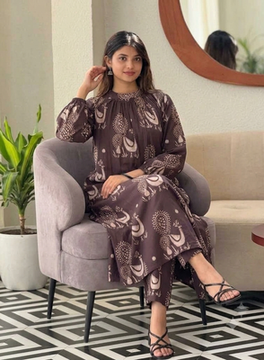  dark chocolate beige motif print pure cotton gathered a-line co-ord kurta set 2